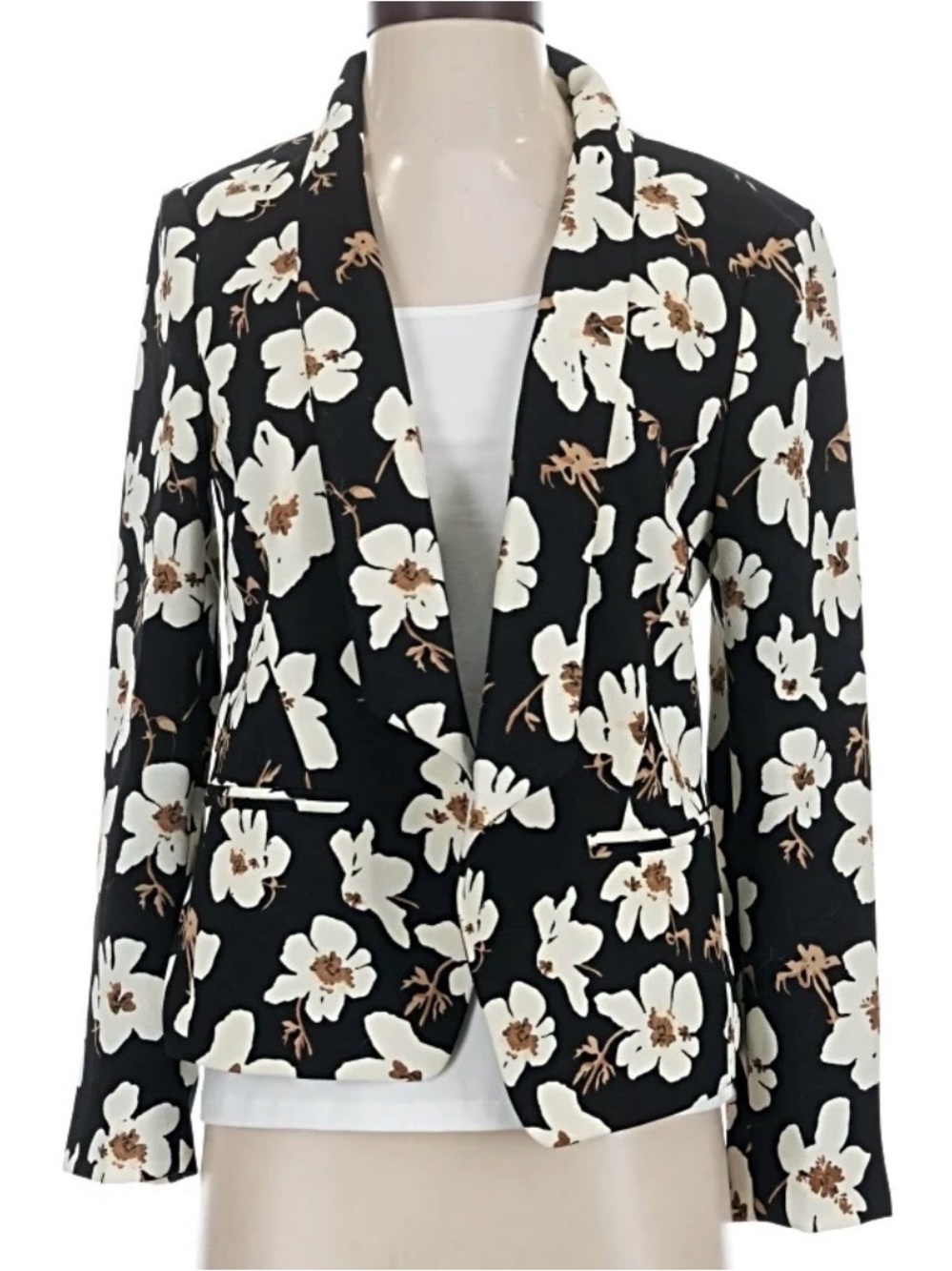 LOFT Black Blazer with White and Tan Floral Print